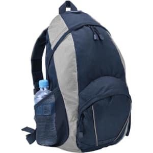 A navy and grey backpack with a side mesh pocket holding a drink bottle. The backpack features a logo.
