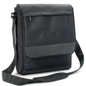 A drink bottle cooler bag in black, featuring a shoulder strap and front pocket. Includes a logo.
