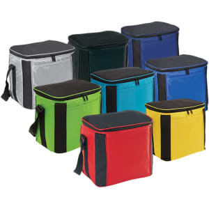 A collection of large cooler bags in various colours including green, yellow, red, blue, black, and grey, with one featuring a logo.