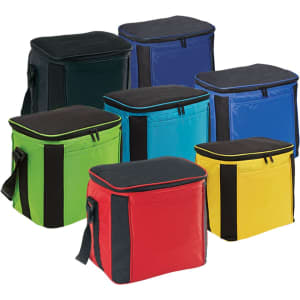 A variety of large cooler bags in green, red, yellow, blue, navy, black, and turquoise with zippers and straps.