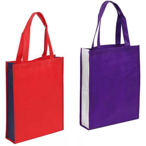 Two tote bags: one in red with navy accents and another in purple with navy accents, both featuring handles and a logo.