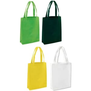 A set of non-woven A4 tote bags in green, dark green, yellow, and white, with sturdy handles and an attached logo.