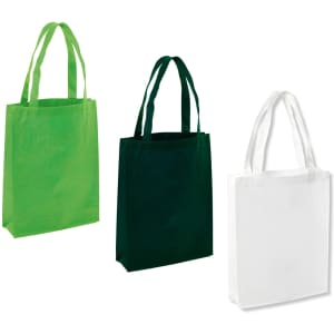 A green non-woven A4 tote bag, a dark green tote bag, and a white tote bag with handles.