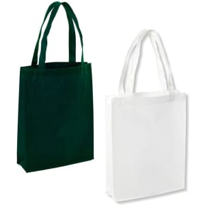 A green and a white non-woven A4 tote bag with sturdy handles and a simple design. Each bag features a logo.