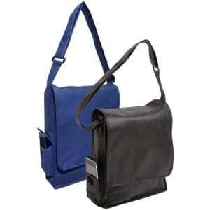Two satchels are displayed, one in navy blue and the other in black, both featuring adjustable straps and side pockets.