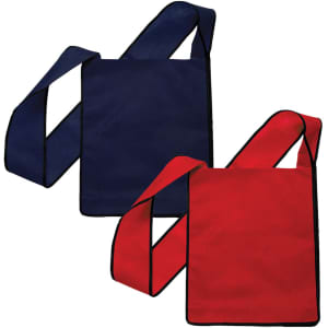 A non-woven sling bag in navy and red, featuring a shoulder strap and contrasting trim.
