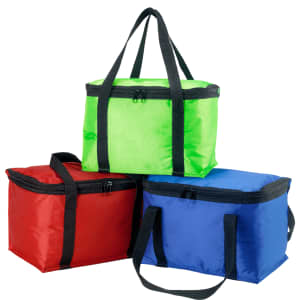 A trio of cooler bags in vibrant green, red, and blue, featuring black zip closures and handles.