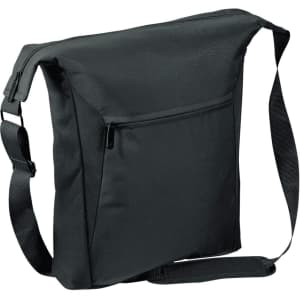 A black cooler bag with a shoulder strap and a front zip pocket, featuring a logo.