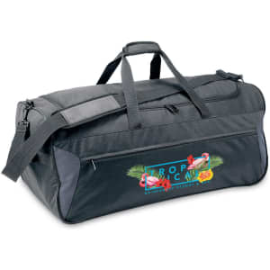 A black wheeled duffle bag featuring a logo and colourful tropical graphics on one side.