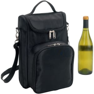 A black cooler bag with a handle and adjustable strap, featuring two compartments, alongside a green wine bottle.