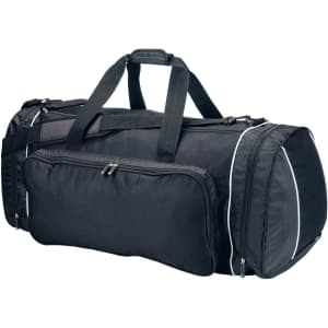 A large black duffle bag with multiple zip compartments and two sturdy handles. It features a side pocket and a logo.