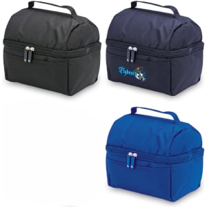 A trio of lunch bags in black, navy, and blue, featuring durable handles and zippers. One has a logo.