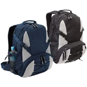 Two outdoor backpacks in navy and black, featuring grey accents and a drink bottle holder on the side of one.