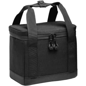 A black cooler bag with dual zippers and sturdy handles, featuring a sleek design and a logo on the front.