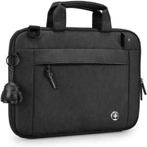 A black laptop bag featuring two handles, a front pocket, and a keychain character. It includes a logo.
