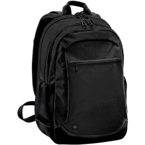 A black laptop bag with multiple zippers and pockets, featuring a logo on the front.