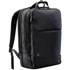 A black laptop backpack featuring multiple compartments and a textured fabric with a smooth base. It has a logo.