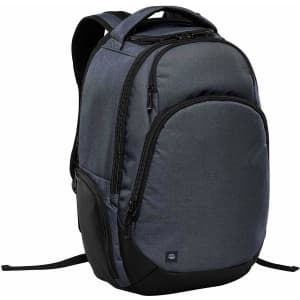 A grey laptop backpack with multiple compartments and a logo, featuring black accents and padded straps.