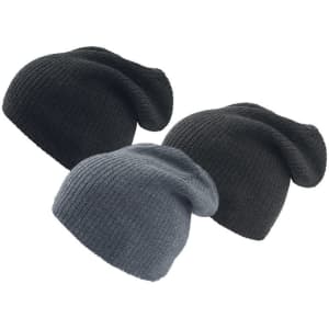 Three beanie hats in black, dark grey, and light grey, featuring a ribbed texture and a logo.
