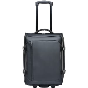 A grey wheeled carry-on bag featuring a retractable handle and side straps, designed for travel convenience.