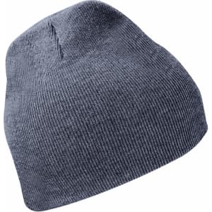 A grey knit beanie with a textured design, featuring a logo.