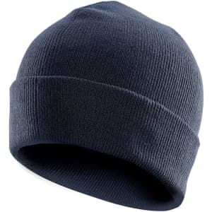 A navy blue knit beanie with a folded brim, featuring a small logo on the side.