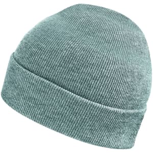 A light teal knit beanie with a classic ribbed texture and a folded cuff, featuring a logo.