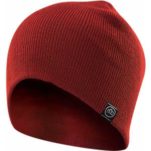 A red knit beanie with a tag featuring a logo, displaying a snug fit and textured fabric.