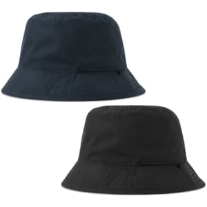 Two bucket hats, one in dark green and the other in black, featuring a logo on the side.