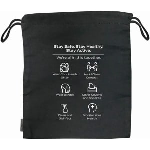 A black drawstring bag with a logo and health safety icons printed on the front.