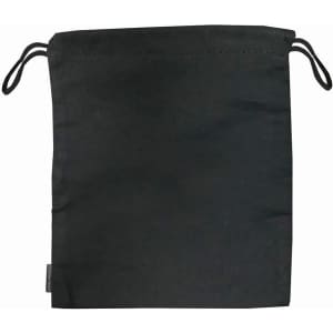 A black drawstring bag with two cords at the top and a simple design, featuring a small logo.