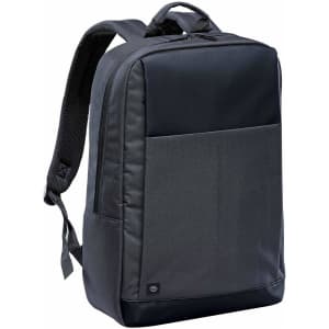 A black backpack with a sleek design, featuring a large front pocket and padded straps. It has a logo on the front.