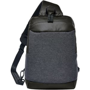 A grey and black sling backpack with a single adjustable strap and a pocket on the side, featuring a logo.
