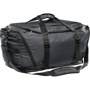 A grey duffle bag with black straps, featuring multiple compartments and a logo on the side.