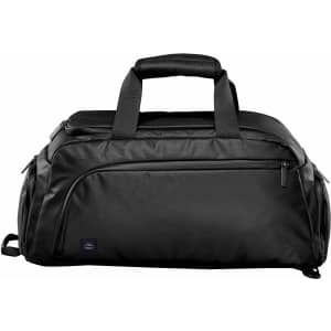 A black duffle bag with dual handles and a zippered pocket, featuring a logo on the side.