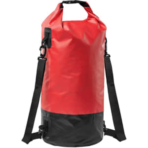 A red and black waterproof backpack with adjustable straps and a roll-top closure. It features a logo on the front.