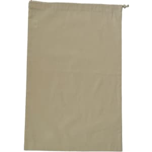 A beige calico storage bag with a drawstring closure and no visible branding.