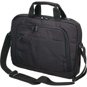 A black business satchel with handles, a shoulder strap, and multiple zippered pockets.