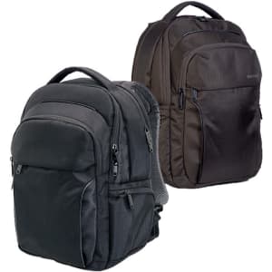 Two Exton backpacks in black and dark grey, featuring multiple pockets and a logo on the front.
