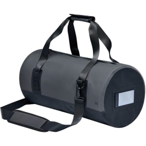 A grey waterproof duffel bag with adjustable straps and a side handle, featuring a branding logo.