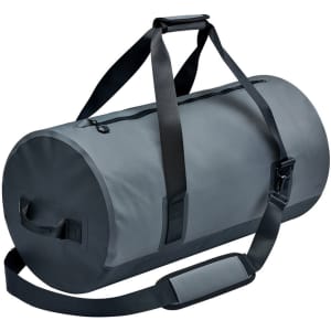 A grey waterproof duffel bag with a shoulder strap and handles, featuring a logo.