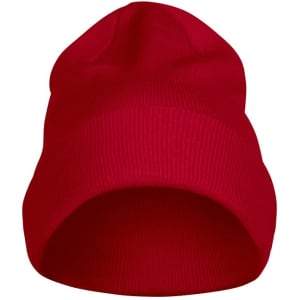 A red beanie with a snug fit, featuring a simple design and a logo on the front.