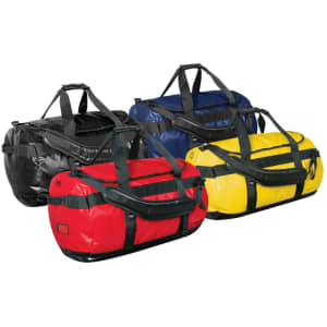 Large waterproof gear bags in black, red, blue, and yellow, featuring sturdy handles and a logo.