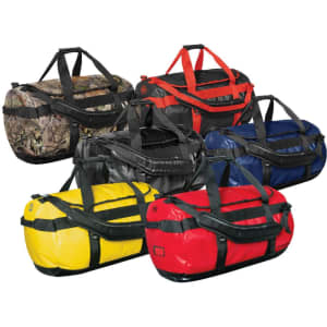 A collection of medium waterproof gear bags in yellow, red, black, blue, camouflage, and dark green, featuring various handles.