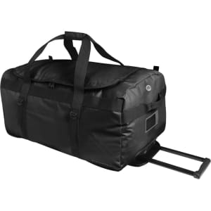A black waterproof rolling duffel bag with wheels and dual handles. It features a logo and a spacious interior.