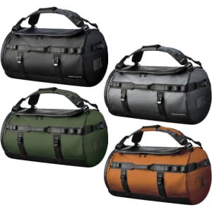 A waterproof duffel bag set in black, grey, green, and orange. Each has dual handles and a logo.