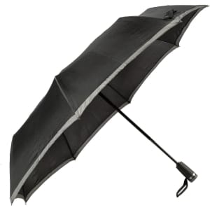 A black pocket umbrella with a sleek design, featuring a handle and a contrasting trim.