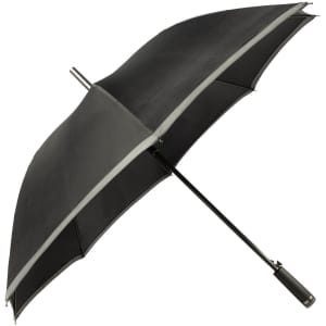 A black umbrella with a sleek design and a sturdy handle, featuring a logo. Ideal for leisure and outdoor use.