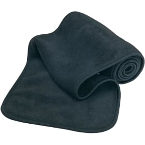 A black polar fleece scarf, rolled neatly with a soft texture and rounded edges. It features a logo on the side.