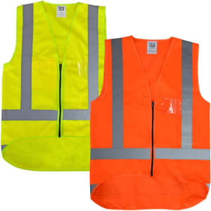 Hi Viz unisex safety vests in bright yellow and orange, featuring reflective strips and a clear pocket.